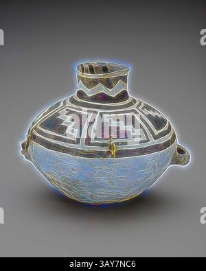 Ein wunderschön gefertigter Keramiktopf mit komplexen geometrischen Mustern und eleganten Griffen, der traditionelle Kunst und Handwerkskunst zeigt., Glas, Anasazi People, 900-1300, Steingut, Pigment, 10-3/4 x 13 x 12 Zoll, Native Arts of the Americas, Klassische Kunst mit modernem Touch, neu interpretiert von Artotop Stockfoto