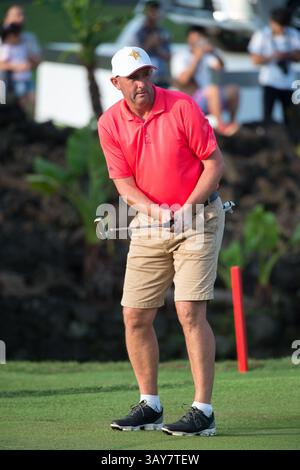 23. Oktober 2016: Haikou, Hainan, China – Fußballspieler Gary McAllister auf dem Blackstone-Kurs im Mission Hills Resort Haikou während der 2. Runde des 4. World Prominent Pro-am. . Blackstone Course, Mission Hills Resort, Haikou, Hainan Island China. (Bild: © Jayne Russell Via ZUMA Wire) Stockfoto