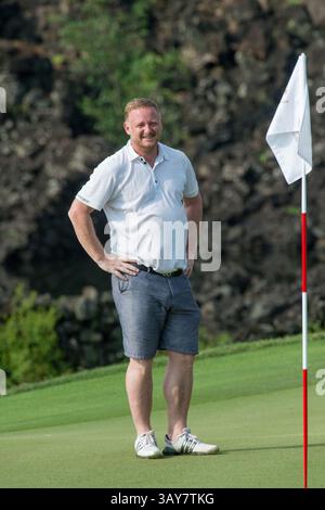 23. Oktober 2016: Haikou, Hainan, China – Fußballspieler David May auf dem Blackstone-Kurs im Mission Hills Resort Haikou während der 2. Runde des 4. Weltstars Pro-am. . Blackstone Course, Mission Hills Resort, Haikou, Hainan Island China. (Bild: © Jayne Russell Via ZUMA Wire) Stockfoto