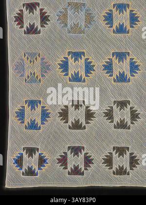Ein geometrisches Steppdesign mit einer Reihe von auffälligen Mustern, mit einer Mischung aus scharfen Linien und lebhaften Farben, die eine komplizierte Anordnung von Formen zeigen, die eine optisch auffällige Textur schaffen., Steppdecke (vier Flammen), Margaret T. Goff Johnson (amerikanisch, 1844-1910), 1880er Jahre, Baumwolle, gesteppt und gesteppt, 79 x 65 cm, Textil- und Modekunst, klassische Kunst mit modernem Touch, neu interpretiert von Artotop Stockfoto