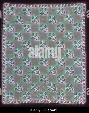 Ein gemustertes Textil mit einem komplizierten Design aus verflochtenen Blättern und geometrischen Formen, hervorgehoben durch ein sanftes Leuchten und lebendige Linien, die seine visuelle Tiefe und Komplexität verbessern., Steppdecke (Lily), Unknown, ca. 1850, Baumwolle, appliquÃ und gesteppt, 101 x 83 cm, anderer Titel, Virginia Lily, anderer Titel, North Carolina Lily, andere Titel, Tulip, American, Textile und Fashion Arts, Klassische Kunst mit einem modernen Touch, neu interpretiert von Artotop Stockfoto