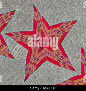 Ein lebendiges Sternendesign mit kräftigen roten Formen, verziert mit komplizierten Mustern und einem strukturierten Hintergrund, der Tiefe und visuelles Interesse verleiht., Quilt (Stars and Eagle), Unknown, 1853, Baumwolle, appliquÃ und gesteppt, Stickerei aus Baumwolle und Seide, 88 x 87 cm, gestickt, Banner im mittleren Medaillon: E. PLURIBUS UNUM gestickt, unter Banner im mittleren Medaillon: 18 53 gestickt, ein Name auf jedem Stern, im Uhrzeigersinn von oben: Massachusetts, N Hampshire, N Jersey, S Carolina, Georgia, Connecticut, N York, Delaware, R Island, Maryland, n Carolina, Pennsylvania, Virginia, USA Stockfoto