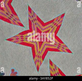 Ein lebendiges Sternendesign mit kräftigen roten und gelben Mustern, die nach außen mit komplizierten geometrischen Details vor einem strukturierten Hintergrund ausstrahlen., Steppdecke (Stars and Eagle), Unknown, 1853, Baumwolle, appliquÃ und gesteppt, Stickerei aus Baumwolle und Seide, 88 x 87 cm, gestickt, Banner im mittleren Medaillon: E. PLURIBUS UNUM gestickt, unter Banner im mittleren Medaillon: 18 53 gestickt, ein Name auf jedem Stern, im Uhrzeigersinn von oben: Massachusetts, N Hampshire, N Jersey, S Carolina, Georgia, Connecticut, N York, Delaware, R Island, Maryland, n Carolina, Pennsylvania, Virginia Stockfoto