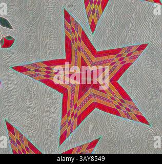 Ein lebendiges Sternendesign mit komplizierten Mustern und kräftigen Rot- und Goldtönen, umgeben von einem strukturierten Hintergrund, der sein markantes Aussehen unterstreicht., Steppdecke (Stars and Eagle), Unknown, 1853, Baumwolle, appliquÃ und Steppung, Stickerei aus Baumwolle und Seide, 88 x 87 cm, gestickt, Banner im mittleren Medaillon: E. PLURIBUS UNUM gestickt, unter Banner im mittleren Medaillon: 18 53 gestickt, ein Name auf jedem Stern, im Uhrzeigersinn von oben: Massachusetts, N Hampshire, N Jersey, S Carolina, Georgia, Connecticut, N York, Delaware, R Island, Maryland, n Carolina, Pennsylvania Stockfoto