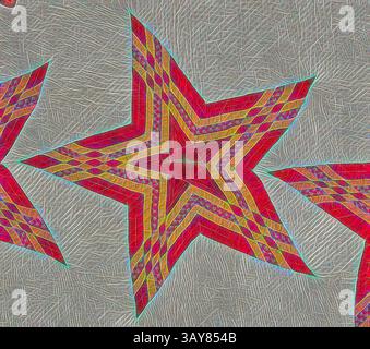 Ein lebendiges sternförmiges Design mit komplizierten Mustern in Rot, Gelb und Lila, umgeben von einem strukturierten Hintergrund, der sein dynamisches Aussehen unterstreicht., Steppdecke (Stars and Eagle), Unknown, 1853, Baumwolle, appliquÃ und Steppung, Stickerei aus Baumwolle und Seide, 88 x 87 cm, gestickt, Banner im mittleren Medaillon: E. PLURIBUS UNUM gestickt, unter Banner im mittleren Medaillon: 18 53 gestickt, ein Name auf jedem Stern, im Uhrzeigersinn von oben: Massachusetts, N Hampshire, N Jersey, S Carolina, Georgia, Connecticut, N York, Delaware, R Island, Maryland, n Carolina, Pennsylvania Stockfoto