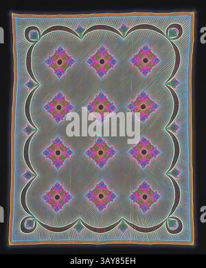 Ein dekoratives Muster mit einer symmetrischen Anordnung von floralen Motiven, verstärkt durch leuchtende Umrisse und lebhafte Farben, die ein optisch auffälliges und kompliziertes Design schaffen., Steppdecke, Unknown, 1920-1940, Baumwolle, appliquÃ und gesteppt, 102 x 82 cm, amerikanische Kunst, Textil- und Modekunst, klassische Kunst mit einem modernen Twist, neu interpretiert von Artotop Stockfoto