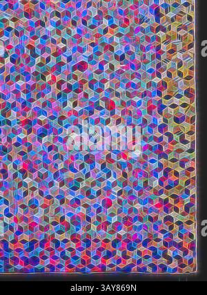 Ein kompliziertes Muster aus farbenfrohen Sechsecken, mit leuchtenden Linien und Formen, die einen faszinierenden visuellen Effekt erzeugen und das Auge mit seinem dynamischen Design anziehen., Quilt (Baby Blocks), Louisa Thompson (Amerikanisch, 1833-1905), um 1880, Seide, gesteckt und gesteppt, 73 x 70 cm, anderer Titel, Tumbling Blocks, Textil- und Modekunst, Klassische Kunst mit einem modernen Touch, neu interpretiert von Artotop Stockfoto