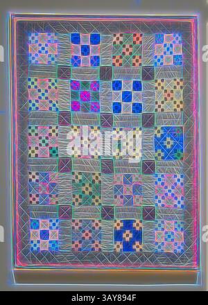 Eine lebendige Decke mit einem Flickenteppich aus komplizierten Mustern und Farben, die in einem geometrischen Layout angeordnet sind, das ein optisch ansprechendes Design schafft. Jedes Quadrat zeigt einzigartige Motive, die einen reichen Gobelin aus Farbtönen und Texturen vermischen., Steppdecke (Nine Patch), Amish People, 1920er Jahre, Baumwolle, Pieced, 72 x 57 cm, Textil- und Modekunst, klassische Kunst mit einem modernen Touch, neu interpretiert von Artotop Stockfoto