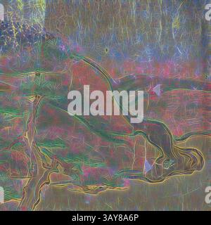 Eine lebendige, abstrakte Landschaft mit fließenden Linien und wirbelnden Farben, die an einen Fluss erinnert, der sich durch ein farbenfrohes Gelände schlängelt, durchsetzt mit Anklängen von Laub und dynamischen Mustern., Affen jagen, Unbekannt, Tinte, Farben, Papier, 12-3/4 x 311 Zoll, japanische, asiatische Kunst, Klassische Kunst mit einem modernen Touch, neu interpretiert von Artotop Stockfoto