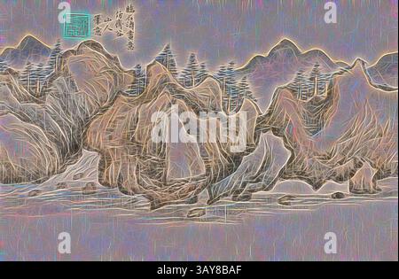 Eine ruhige Landschaft mit abstrakten Bergen und Bäumen, die sich mit fließenden Linien und weichen Formen verschlungen. Die Komposition weckt ein Gefühl der Ruhe und eine künstlerische Interpretation der Schönheit der Natur., Liegefahrt durch klare Erinnerungen, Tao You (Chinesisch), 12-Blatt-Album mit Gemälden, 7 x 10-5/8 cm, Asiatische Kunst, Klassische Kunst mit einem modernen Touch, neu interpretiert von Artotop Stockfoto