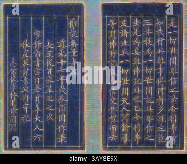 Eine antike Schrift, die auf zwei Tafeln aufwändig eingeschrieben ist, mit eleganten Schriftzeichen, die in vertikalen Linien angeordnet sind. Der Hintergrund ist mit einem subtilen, strukturierten Muster verziert, das die gesamte Ästhetik des geschriebenen Textes unterstreicht. Sutra des ewigen Lebens (Wu liang Shou jing [Sanskrit: Sukhavati-vyuha (Amitayus) Sutra]), Lin Zexu, Kalligraf (Chinesisch, 1785-1850), Qing-Dynastie, Epoche, Daoguang, 1837, Goldfarbe auf blauem Papier, 1-1/8 x 7-1/4 x 12-1/8 Zoll, Kolophone von Chen Baoshen, Lin Yongyu und Wu Yuan signiert: Siegel: [Zixu hanmo] Siegel: [Cixhen Minfu], Asiatische Kunst, Klassische Kunst mit modernem Touch Stockfoto
