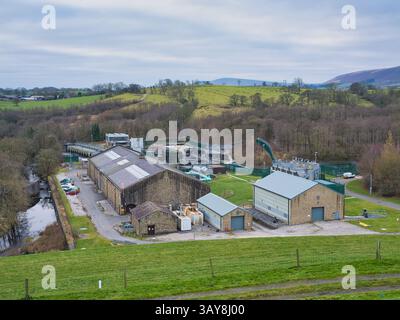 Infrastruktur von United Utilities bei Hodder Water Treatment Works, Stocks Reservoir, Forest of Bowland, Vereinigtes Königreich Stockfoto