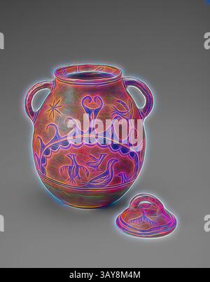 Ein aufwendig gestalteter Keramiktopf mit leuchtenden Blumen- und Herzmotiven, begleitet von einem passenden Deckel, der eine harmonische Mischung aus Kunstfertigkeit und Handwerkskunst zeigt., Glas mit Deckel, San Ildefonso People, 1870-1900, geschlitztes und bemaltes Steingut, 12-3/4 x 10 x 9-1/4 Zoll. (Installiert) A) Behälter: 10-1/2 x 10 x 9-1/4 Zoll B) Deckel: 2-1/2 x 4-5/8 x 4-5/8 Zoll, Native Arts of the Americas, Klassische Kunst mit einem modernen Touch, neu interpretiert von Artotop Stockfoto