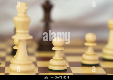 Schachspiel, weiße und schwarze Figuren und Schachfiguren auf dem Schachbrett, Gameplay Stockfoto