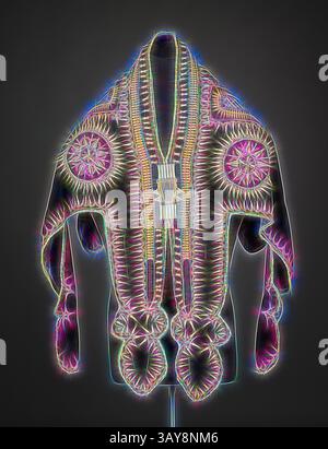Ein aufwendig gestaltetes Kleidungsstück mit lebendigen Mustern und Texturen, raffinierten Verzierungen und einer markanten Umrisse, die seine Handwerkskunst unterstreicht. Zeremonielle Tunika, Amharisch, Anfang der 1900er Jahre, Seidensamt, Metallverzierungen, 37 x 63 cm, Textil- und Modekunst, Klassische Kunst mit modernem Touch, neu interpretiert von Artotop Stockfoto