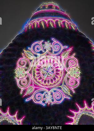 Ein aufwendig gestaltetes Textil zeigt lebendige Blumenmuster und wirbelnde Motive, die durch seine lebendigen Farben und detailreichen Stickereien eine Aura von Kunst und Handwerkskunst ausstrahlen. Zeremonielle Tunika, Amharisch, Anfang der 1900er Jahre, Seidensamt, Metallverzierungen, 37 x 63 cm, Textil- und Modekunst, Klassische Kunst mit modernem Touch, neu interpretiert von Artotop Stockfoto