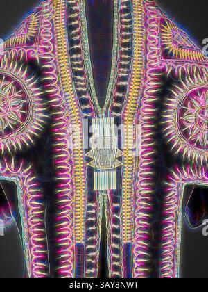 Ein wunderschön detailliertes Kleidungsstück mit komplizierten Mustern und hellen Verzierungen, das traditionelle Handwerkskunst und lebendiges kulturelles Erbe unterstreicht. Das Design enthält auffällige Motive und ein auffälliges Herzstück, das die Kunstfertigkeit hinter dem Stück zeigt. Zeremonielle Tunika, Amharisch, Anfang der 1900er Jahre, Seidensamt, Metallverzierungen, 37 x 63 cm, Textil- und Modekunst, Klassische Kunst mit modernem Touch, neu interpretiert von Artotop Stockfoto