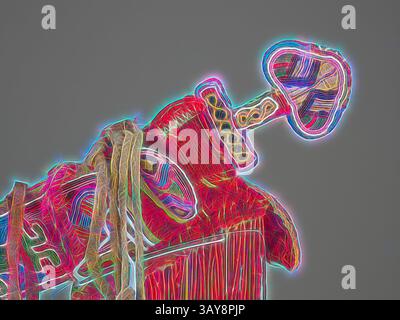 Eine lebendige Darstellung eines Schwertes mit komplizierten Mustern, mit dekorativem Griff und raffinierten Details, umgeben von farbenfrohen Highlights, die sein kunstvolles Design unterstreichen., zeremonielles Schwert und Scheide, Owo People, Ende des 19. Jahrhunderts - Anfang des 20. Jahrhunderts, Glasperlen, Tuch, Elfenbein, Eisen, ca.. L:18 Zoll (Schwert in Scheide), ca. L:26 Zoll (Mit hängenden Elementen), afrikanische Kunst, Klassische Kunst mit einem modernen Touch, neu interpretiert von Artotop Stockfoto