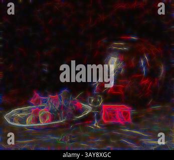 Eine dekorative Platte mit verschiedenen Früchten sitzt neben einem Glas und einer lebendigen Box, die alle mit einem ätherischen Leuchten vor einem dunklen Hintergrund beleuchtet sind., Big Messing Bowl, William Merritt Chase (amerikanisch, 1849-1916), ca. 1899, Öl auf Leinwand, 35-1/4 x 40 cm. (Leinwand) 44-1/2 x 49-3/4 x 4-3/4 Zoll (Gerahmt), signiert, unten links: WM. M. Chase, amerikanische Malerei und Skulptur bis 1945, Klassische Kunst mit einem modernen Twist von Artotop Stockfoto