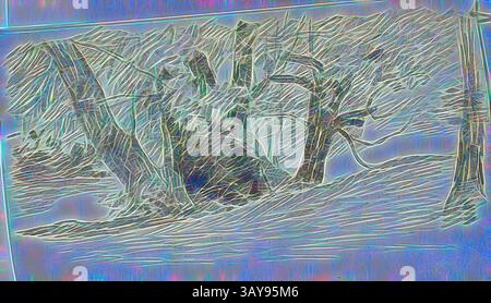 Eine skurrile Landschaft mit komplexen, wirbelnden Bäumen und fließenden Linien, die eine traumhafte Atmosphäre schaffen. Die Szene fängt das Wesen der Natur mit einem abstrakten Twist ein. Trees by Stream, John Ottis Adams (Amerikaner, 1851-1927), 1885, Bleistift auf weißem Papier, Serie, Munich Sketchbook, Classic Art with a Modern Twist von Artotop Stockfoto