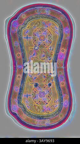 Ein kompliziertes, abstraktes Design mit einer zentralen Figur, umgeben von lebendigen, wirbelnden Mustern und geometrischen Formen, schafft eine visuell ansprechende Komposition mit einem auffälligen Zusammenspiel von Farben und Linien., Sattelteppich, 1800-1825, Wolle, Baumwolle, 52 x 26 x 5/8 Zoll, Label: schwarze Druckschrift in Hand des 19. Jahrhunderts, Textil- und Modekunst, Klassische Kunst mit modernem Touch, neu interpretiert von Artotop Stockfoto