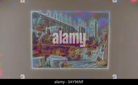 Eine stilisierte Stadtlandschaft mit einer Mischung aus architektonischen Elementen, mit komplizierten Linien und lebhaften Farben, die eine ruhige Wasserstraße und umgebende Strukturen hervorheben. Die Szene weckt ein Gefühl der Ruhe im urbanen Leben. New College Chapel and Tower mit Teil der Stadtmauer, William Radclyffe, Engraver (englisch, 1796-1855), 1844, Tinte auf Papier, Gravur, 12-1/2 x 16-9/16 Zoll (Platte) 17 x 23-1/4 Zoll (Blatt), Serie, wie im Oxford Almanac gebunden, klassische Kunst mit einem modernen Twist, neu interpretiert von Artotop Stockfoto