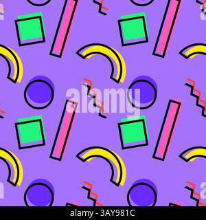 Abstraktes geometrisches nahtloses Muster mit bunten Bögen, Quadraten, Kreisen, Rechtecken und Zickzacklinien auf violettem Hintergrund. Perfekt für Wallpa Stock Vektor