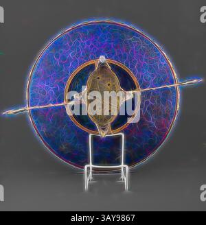 Ein futuristisches abstraktes Design mit einer zentralen, ovalen Form, umgeben von einem komplizierten Kreismuster, strahlenden Farben und dynamischen Linien, die ein Gefühl von Tiefe und Bewegung schaffen., LADEGERÄT, Cloisonne, 14-1/2 d, Asiatische Kunst, klassische Kunst mit modernem Touch, neu interpretiert von Artotop Stockfoto