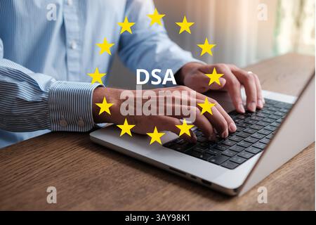 Von der Europäischen Union eingeführtes DSA (Digital Services Act). Neue Regeln für Online-Sicherheit, Content-Moderation und Plattformtransparenz. Konzept. Stockfoto