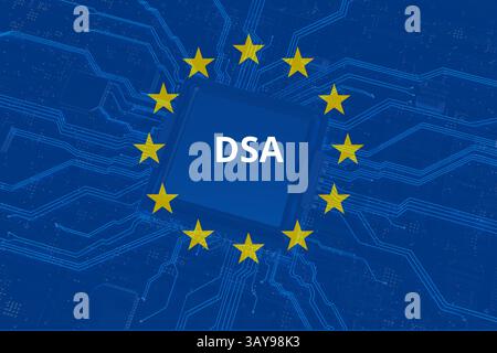 Von der Europäischen Union eingeführtes DSA (Digital Services Act). Neue Regeln für Online-Sicherheit, Content-Moderation und Plattformtransparenz. Konzept. Stockfoto