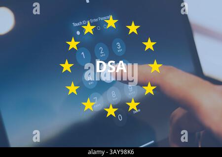 Von der Europäischen Union eingeführtes DSA (Digital Services Act). Neue Regeln für Online-Sicherheit, Content-Moderation und Plattformtransparenz. Konzept. Stockfoto