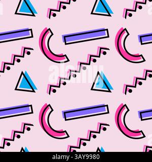 Abstraktes geometrisches nahtloses Muster mit leuchtenden rosa und blauen Formen, Zickzacklinien, Dreiecken und Rechtecken auf pastellrosa Hintergrund. Perfe Stock Vektor