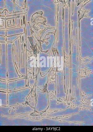 Eine ruhige Figur in traditioneller Kleidung steht neben einer dekorativen Laterne, umgeben von Bäumen, die eine friedliche Atmosphäre schaffen. Die Szene fängt einen Moment der Reflexion und Ruhe ein. Zeichnung einer jungen Frau, die bei einer Steinlaterne steht, Yoshitoshi (Japanisch, 1839-1892), Meiji, um 1870, Tinte auf Papier, 7 x 5-1/4 Zoll (Bild) 9-7/8 x 6-1/4 Zoll (Blatt), Asiatische Kunst, Klassische Kunst mit modernem Touch, neu interpretiert von Artotop Stockfoto