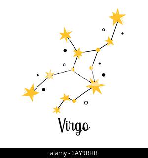 Virgo Zodiac Konstellation. Vektor isoliertes astrologisches Zeichen, Symbol, Element. Sternbild mit niedlichen Sternen und Kritzeleien. Einfaches Design von Stock Vektor