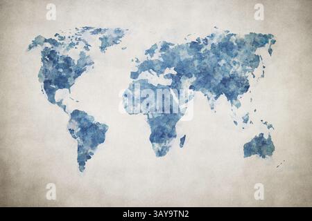 Grunge Weltkarte auf Vintage-Papier Hintergrund im Aquarellstil. Stockfoto