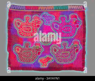 Ein lebendiges Textil mit einer Reihe von stilisierten Tierformen, darunter Vögel und eine kleine Figur. Auffällige Muster und kontrastierende Farben sorgen für einen dynamischen visuellen Effekt und betonen die komplizierten Designs und kulturellen Motive., Hemdblende (Mola), Kuna People, 1920-1970, applizierte Baumwolle, 16-11/16 x 20 Zoll, Textil- und Modekunst, klassische Kunst mit einem modernen Touch, neu interpretiert von Artotop Stockfoto