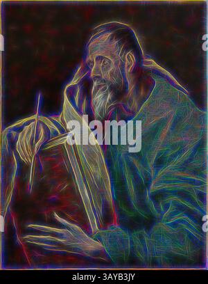 Eine kontemplative Figur mit nachdenklichem Ausdruck hält ein Buch und ein Schreibwerkzeug, das das Wesen von Gelehrsamkeit und Kreativität verkörpert. Die Szene strahlt ein ätherisches Leuchten aus, das die Aura der Introspektion und künstlerischen Verfolgung verstärkt., St. Lukas, El Greco (Griechisch, 1541-1614), Werkstatt von El Greco (Griechisch, 1541-1614), um 1610-1614, Öl auf Leinwand, 28-1/4 x 21-5/8 Zoll. (Leinwand) 39 x 31-7/8 x 3-3/4 Zoll (Gerahmt/glasiert), Initialen in schwarzer Ölfarbe, unten links: D.T., European Painting and Sculpture vor 1800, Klassische Kunst mit modernem Twist, neu interpretiert von Artotop Stockfoto
