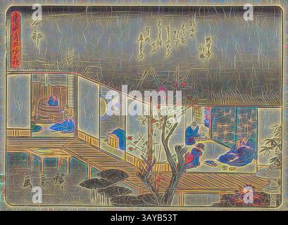 Eine ruhige Szene, die einen Innenblick auf ein traditionelles japanisches Ambiente zeigt, in dem Charaktere in verschiedenen Räumen aktiv sind, umgeben von eleganten Holzstrukturen und zarten Elementen der Natur. Kirschblüten verleihen der friedlichen Atmosphäre einen Hauch lebendiger Farben. Kyoka Tokaido Series, Ishibe, Utagawa Hiroshige æ­Œå· åºƒé‡ (Japanisch, 1797-1858), Tinte auf Papier, Holzschnitt, 6-3/16 x 8-3/16 Zoll. (Bild), Asiatische Kunst, Klassische Kunst mit modernem Touch, neu interpretiert von Artotop Stockfoto