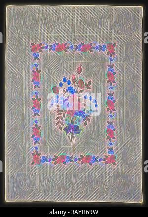 Ein kompliziertes Design mit einem zentralen Blumenarrangement, umgeben von einer dekorativen Borte aus leuchtenden Blütenblättern, alles vor einem strukturierten Hintergrund, der das gesamte künstlerische Flair unterstreicht., Quilt (formeller Garten), Christine Miller Bauer, Maker (amerikanisch, geboren Deutsche, ca. 1865-1946), Mabel Bauer, Maker (amerikanisch, ca. 1892-1953), F. A. Würzburg Company, Pattern Designer (amerikanisch), ca. 1930, Baumwolle, appliquÃ und gesteppt, 93 x 65 cm, anderer Titel, Würzburg Katalog Nr. 3555, Textil- und Modekunst, Klassische Kunst mit modernem Touch, neu interpretiert von Artotop Stockfoto