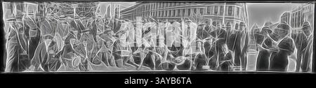 Eine große Menschenmenge versammelte sich im Freien und stellte verschiedene Personen vor, die an verschiedenen Aktivitäten beteiligt waren. Manche Menschen hören aufmerksam zu, während andere sich im Gespräch befinden. Die Szene zeigt ein Gefühl von Gemeinschaft und Interaktion, eingerahmt von Architektur im Hintergrund. Negativ - 14th Australian Light Horse, Anzac Day, Melbourne, Post 1918, Panorama negative. Anzac Day Marchers, Melbourne, 14. Bataillon, nach dem Ersten Weltkrieg. Das Foto wurde 1988 von der RSL geschenkt und war eines von mehreren Fotos, die wiederum von Mrs. Good Shepperd an die RSL gespendet wurden. Die Gruppe wird als „Post W.W.I Stockfoto