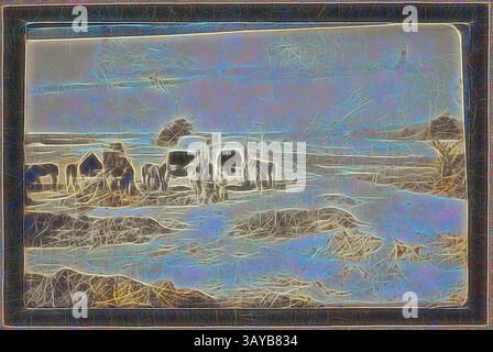 Eine ruhige Küstenlandschaft, in der Wellen sanft gegen zerklüftete Felsen schlagen, verstärkt durch ein ätherisches Leuchten, das der Szene eine traumhafte Qualität verleiht., Foto - Ambulance Drivers & Horses Rusting, Frankreich, Sergeant John Lord, 1. Weltkrieg, 1916-1917, Schwarzweiß-Fotodruck, der eine Gruppe von Krankenwagen-Fahrern und ihren Pferden zeigt, die auf einem Feld ruhen. Pferde waren für das Funktionieren der medizinischen Teams von entscheidender Bedeutung, wobei etwa 66 Pferde jeden Feldambulanz betreuten. Ambulanzfahrer und Feldveterinärkrankenhäuser waren erforderlich, um die Pferde an der Westfront zu versorgen, zur Verfügung zu stellen Stockfoto