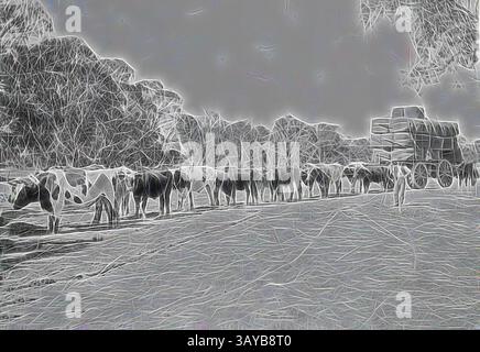 In der Nähe eines Wagens mit Heu, umgeben von Bäumen unter bewölktem Himmel, wird eine Reihe von Kühen beobachtet, die in der Nähe eines mit Heu übersäten Wagens weiden. Die Szene fängt einen ruhigen ländlichen Moment voller Einfachheit des Landlebens ein. Negativ: Wentworth District, New South Wales, um 1900, Ein Team von Bullen, das eine Wagenladung Wollballen zieht. Klassische Kunst mit einem modernen Touch, neu interpretiert von Artotop Stockfoto