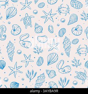 Sea LIFE Doodle Hand gezeichnetes nahtloses Muster. Ocean Life Vector Illustrationen Stock Vektor