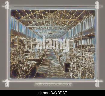 Ein weitläufiger Innenraum mit Regalreihen und komplexen Objekten, beleuchtet durch Deckenstrahlen und Umgebungslicht, schafft ein Gefühl von Tiefe und Perspektive. Die Szene strahlt einen Vintage-Charme aus und zeigt eine Mischung aus Architektur und Sammlungen., Foto - Austrian Court, Main Avenue, Exhibition Building, 1880-1881, Blick nach Westen auf die Rathdowne Street der Exponate, die im zentralen temporären Anbau auf der westlichen Seite der Hauptstraße auf der Melbourne International Exhibition 1880 in den Ausstellungsgebäuden, Carlton Gardens, zwischen ausgestellt wurden Stockfoto