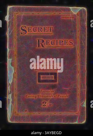 Ein faszinierendes Vintage-Kochbuch mit dem Titel „Secret Recipes“, zusammengestellt vom Wardmaster des Army Medical Corps. Das Cover ist mit auffälligen Schriften und einladender Aura versehen, die wertvolle Formeln und kulinarische Geheimnisse andeuten. Buch - 'geheime Rezepte', zusammengestellt vom Wardmaster, um 1923, Buch mit dem Titel 'geheime Rezepte: Einschließlich Toilettenformeln, Private Trade Rezepte, Werbung für Patentmedizin Analyse, geheime medizinische Rezepte, exklusive Kochrezepte', erschienen um 1923. Zusammengestellt von „The Wardmaster“, der von der State Library of Victoria als Thomas J. Holmes identifiziert wird. Holmes diente im Stockfoto