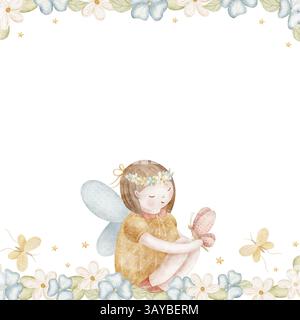 Blumengestell mit einer Fee, die in einer Kamille sitzt, violett, Gänseblümchen. Aquarellillustration einer Zauberin, Elfe handgezeichnet im reto-Stil, isoliert Stockfoto