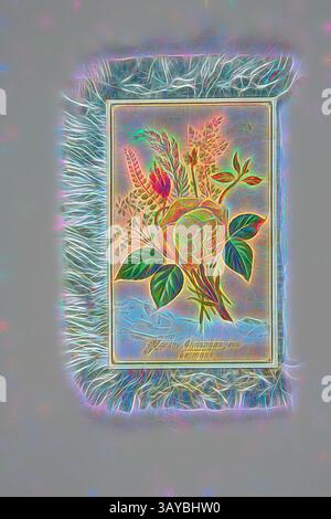 Eine kunstvolle Blumenillustration mit einem Blumenstrauß aus verschiedenen Pflanzen, komplett mit komplizierten Details, lebendigen Blättern und einer dekorativen Borte, die ihren künstlerischen Charme unterstreicht. Weihnachtskarte - 'May Thy Christmas Joys be Many', gesäumt, um 1910-1915, gesäumte Weihnachtskarte mit farbigen Bildern von Rosen und Weihnachtswünschen. Die Karte ist Teil einer Sammlung von Material, das mit den Nairn und Jackson und den Familien verbunden ist. Es enthält umfangreiches Material über das Leben und den Dienst von William Nairn, der im Juli 1918, Ende des Ersten Weltkriegs, in Frankreich getötet wurde, klassische Kunst mit einer Moderne Stockfoto