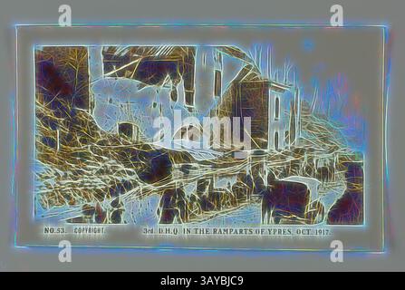 Eine stilisierte Darstellung einer historischen Szene mit Ruinen und Strukturen, wahrscheinlich aus einem vergangenen Konflikt, mit einem ätherischen Glanz und einer komplizierten Linienführung, die die architektonischen Details und die Umgebung betont. Die Bildunterschrift enthält einen Hinweis auf einen bestimmten Monat und ein bestimmtes Jahr, was auf seine historische Bedeutung hinweist., Zigarettenkarte - '3rd D.H.Q. in the Wall of Ypern, Okt. 1917', Offizielles Foto des Ersten Weltkriegs, Magpie Cigarettes, um 1922, Nr. 53 in der Serie der Zigarettenkarten aus dem Ersten Weltkrieg, die von Magpie Cigarettes produziert wurden. Das Bild trägt den Titel '3. D.H.Q. in den Stadtmauern von Ypern Stockfoto