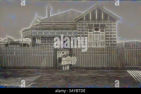 Ein Haus im Vintage-Stil mit markanten architektonischen Elementen steht hinter einem Pflückzaun, während zwei Ziegen die Gegend vor der Tür spielerisch erkunden. Die Szene verströmt einen skurrilen Charme, kombiniert rustikale Elemente mit einem Hauch von verspieltem Leben. Digital Photography - Four Children, 3 Lobb Street, Coburg, 1920er Jahre, Digital Scan einer Schwarzweiß-Foto-Postkarte. Das Bild zeigt vier Kinder, die vor dem Eingangstor der Lobb Street 3 in Coburg stehen. Das Haus war die Heimat von William Latham, dem Wärter des Pentridge Prison von 1923., Klassische Kunst mit einem modernen Twist, der von Artotop neu entworfen wurde Stockfoto