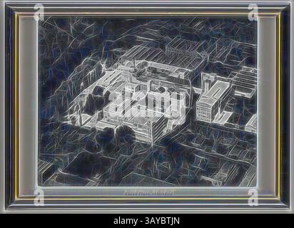 Eine abstrakte Darstellung einer komplexen urbanen Landschaft mit miteinander verbundenen Gebäuden und Wegen, die alle von einer dekorativen Grenze eingerahmt sind. Die komplizierten Linien und Muster erzeugen ein dynamisches Gefühl von Bewegung und Tiefe., Foto, Luftaufnahme der Kodak Factory, Abbotsford, Victoria, um die 1930er Jahre, gerahmtes Schwarz-weiß-Silber-Gelatinefoto mit einer Luftaufnahme der Kodak Australasia Pty Ltd Fabrik in Abbotsford, um die 1930er Jahre Herstellung und Vertrieb einer breiten Palette von Fotoprodukten an Australasien, z. B. Film, Papier, Chemikalien, Kameras und sonstige Geräte. Its Stockfoto